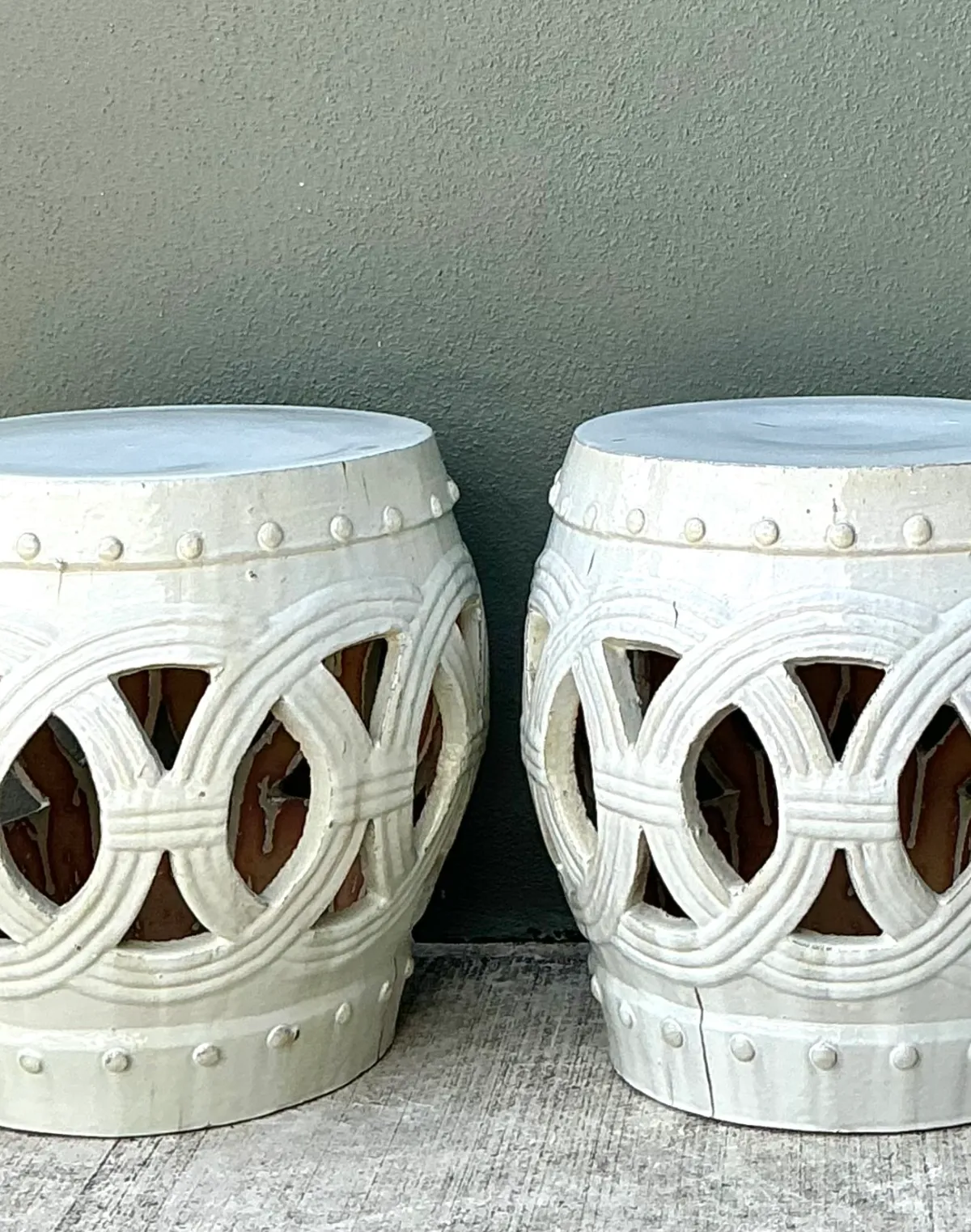 Vintage Ceramic Lattice Low Stools - Pair — additional photo 8