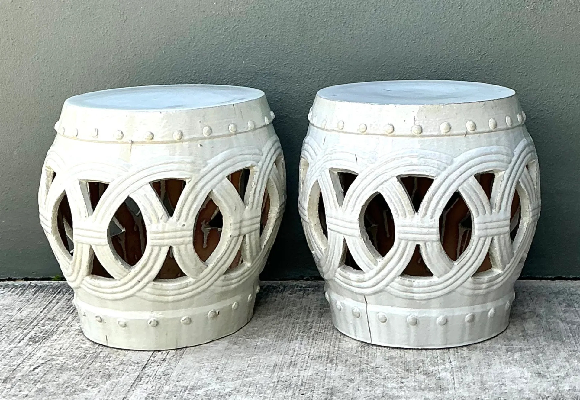 Vintage Ceramic Lattice Low Stools - Pair — additional photo 2