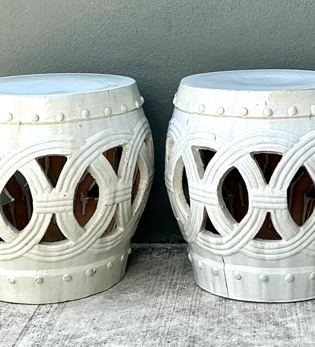 Vintage Ceramic Lattice Low Stools - Pair — additional photo 2