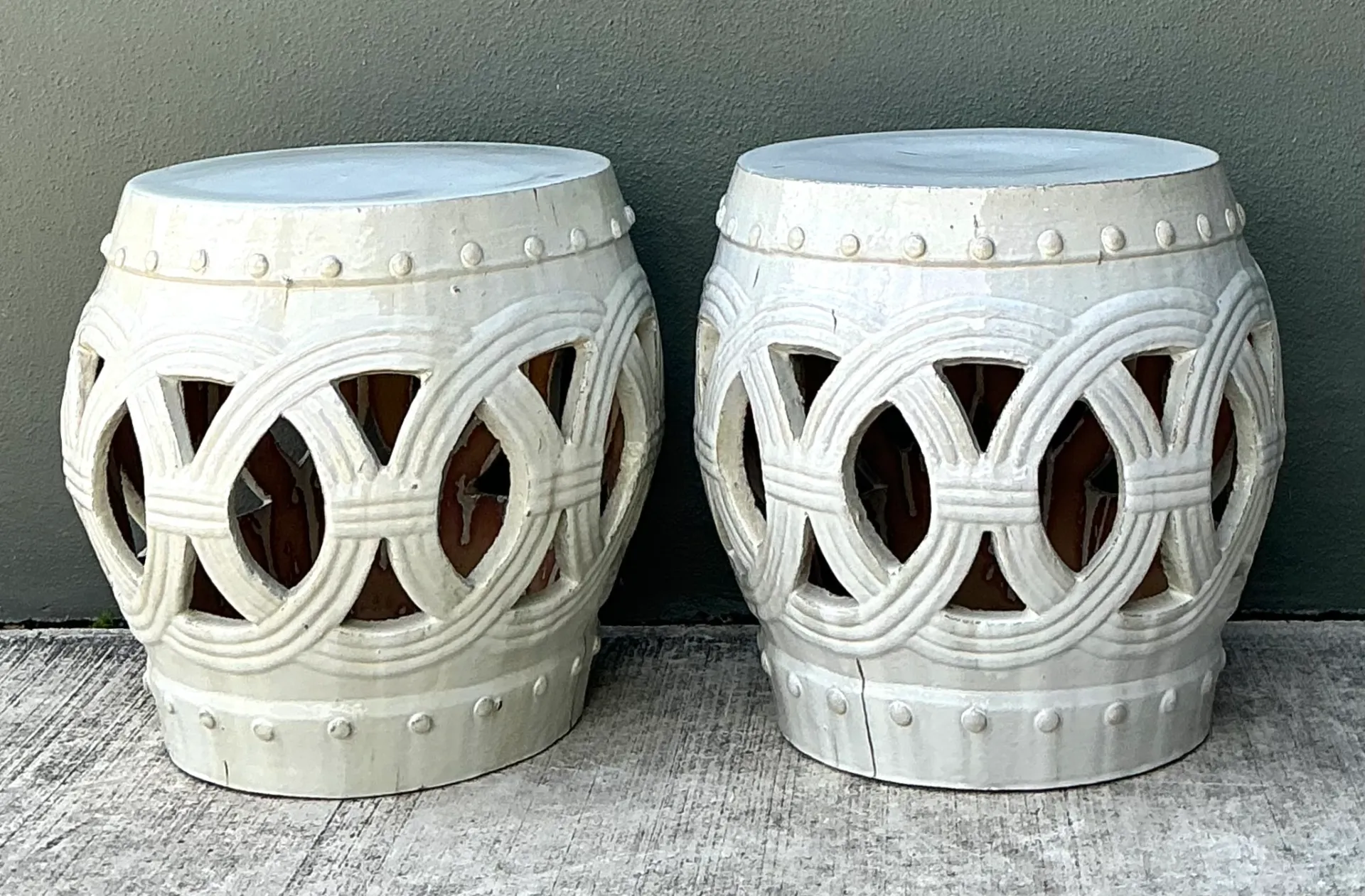 Vintage Ceramic Lattice Low Stools - Pair — additional photo 4