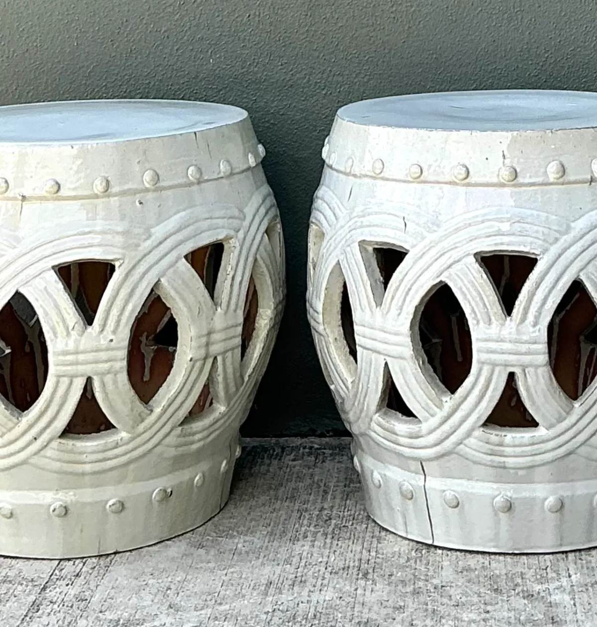 Vintage Ceramic Lattice Low Stools - Pair — additional photo 4