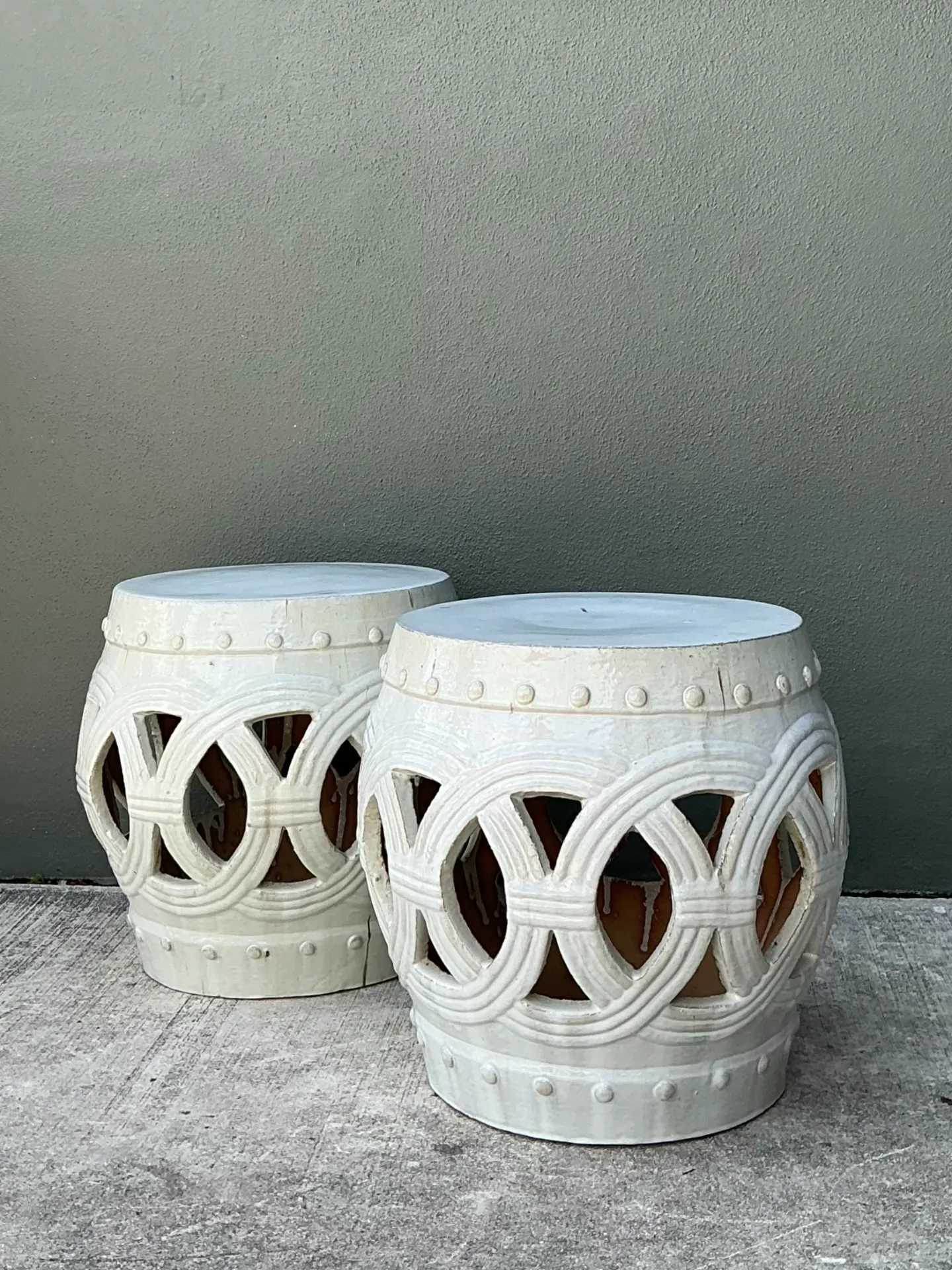 Vintage Ceramic Lattice Low Stools - Pair — additional photo 6