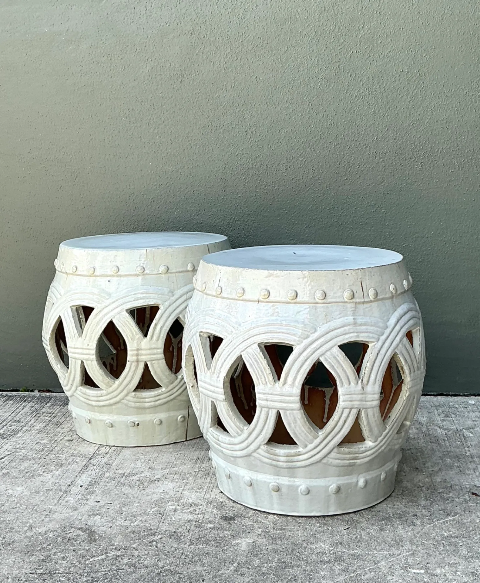 Vintage Ceramic Lattice Low Stools - Pair — additional photo 7