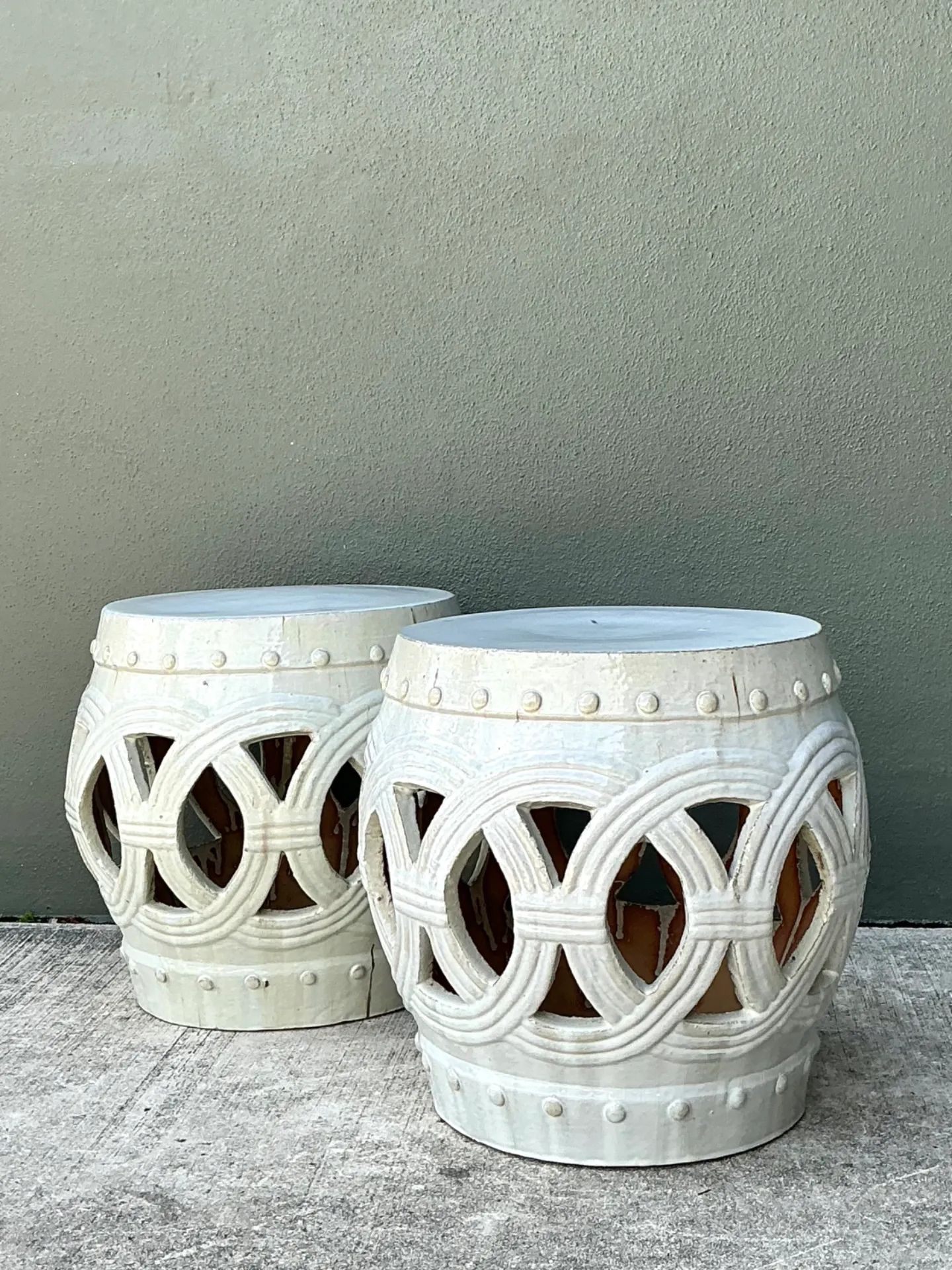 Vintage Ceramic Lattice Low Stools - Pair — additional photo 1