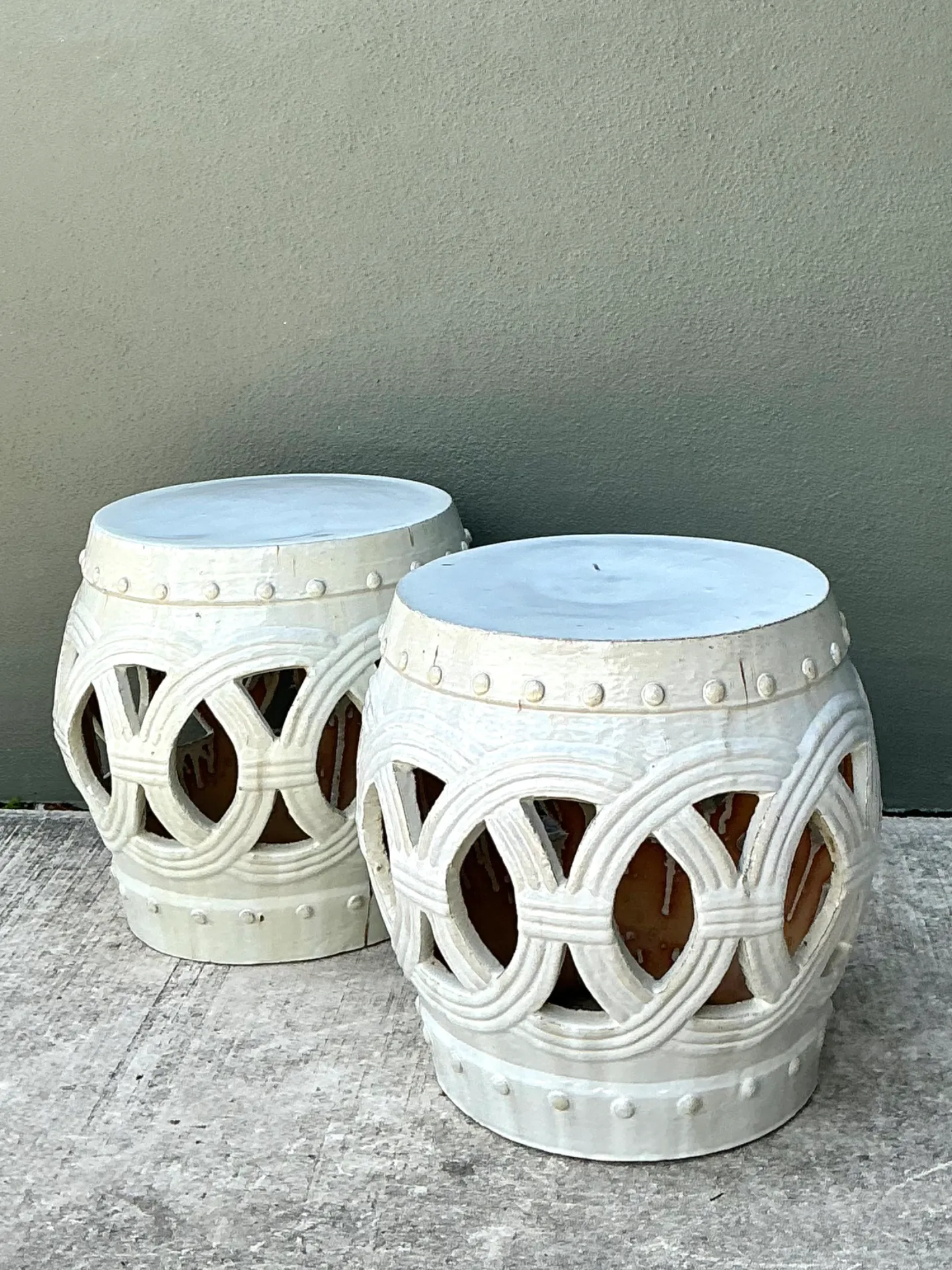 Vintage Ceramic Lattice Low Stools - Pair — additional photo 3