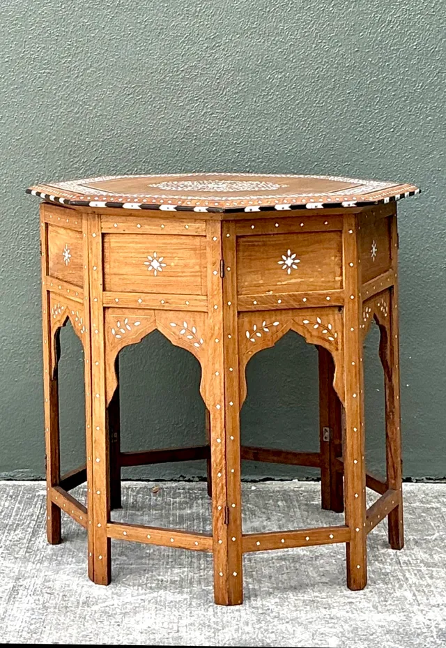 Vintage Inlaid Wood Octagonal Side Table — additional photo 1