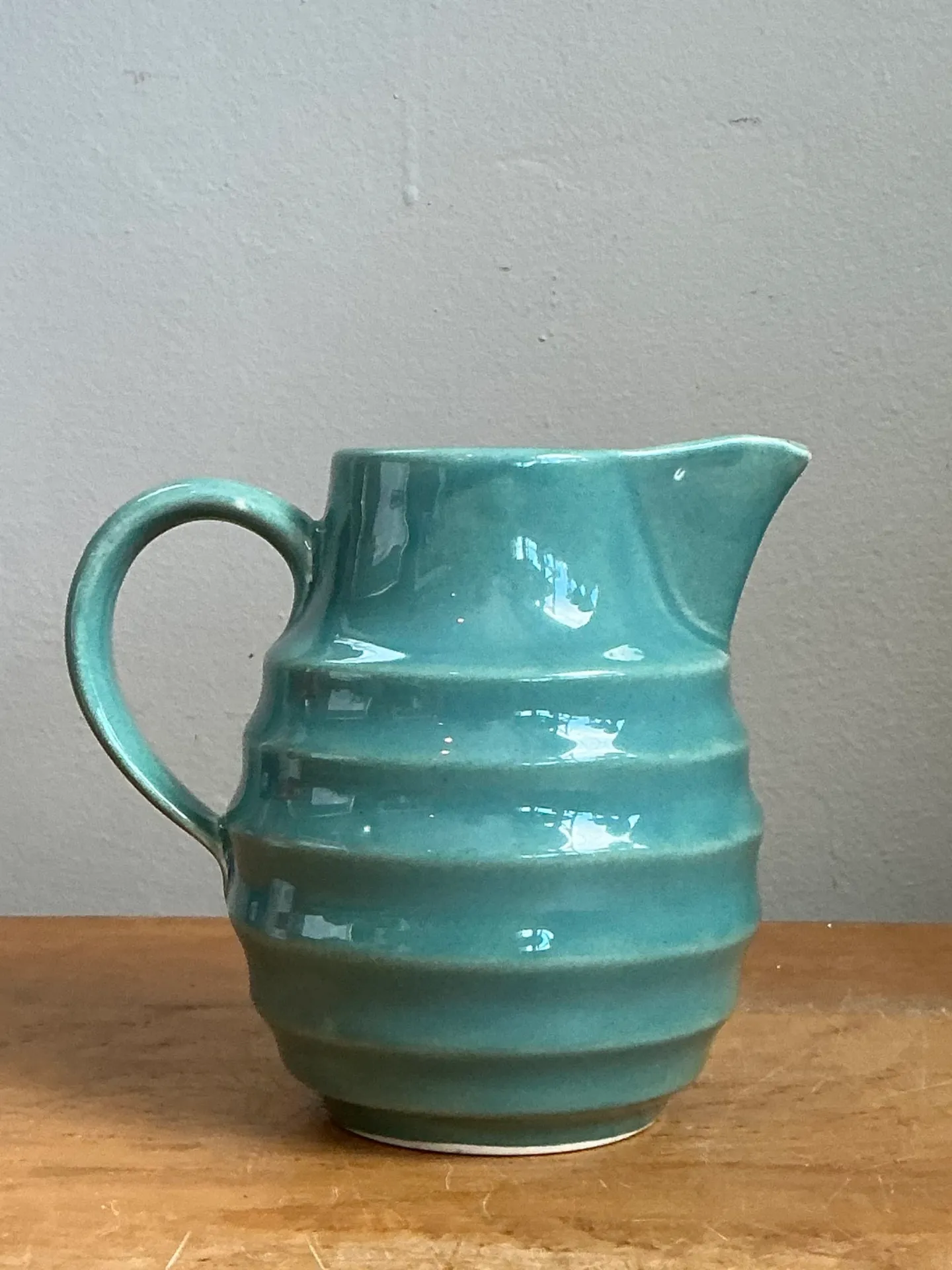 Vintage Aqua Ribbed Ceramic Pitcher — additional photo 2