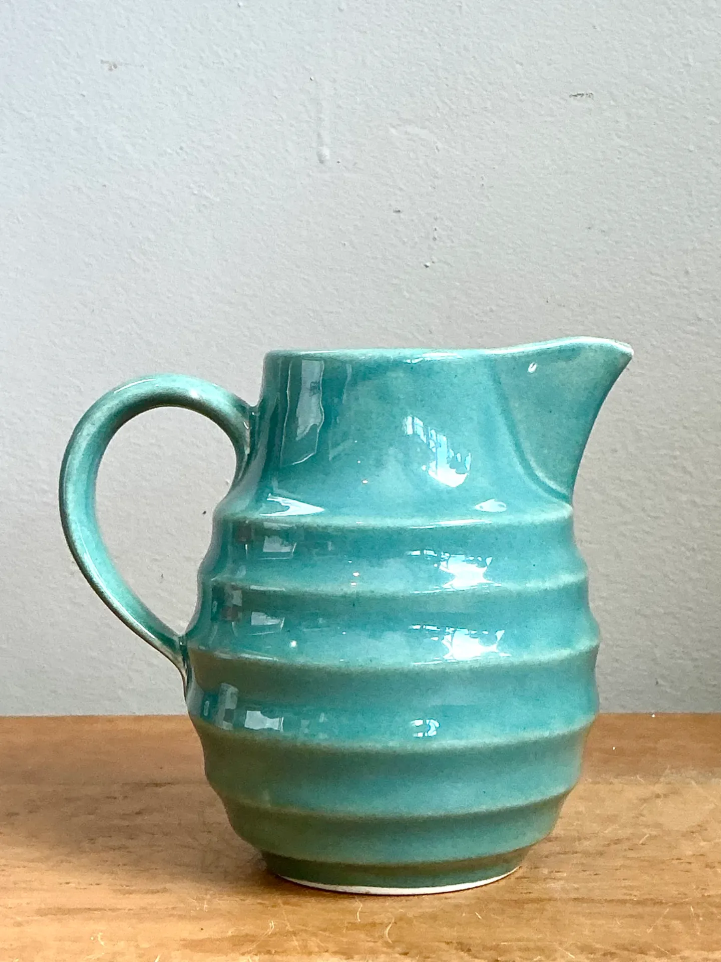 Vintage Aqua Ribbed Ceramic Pitcher — additional photo 3