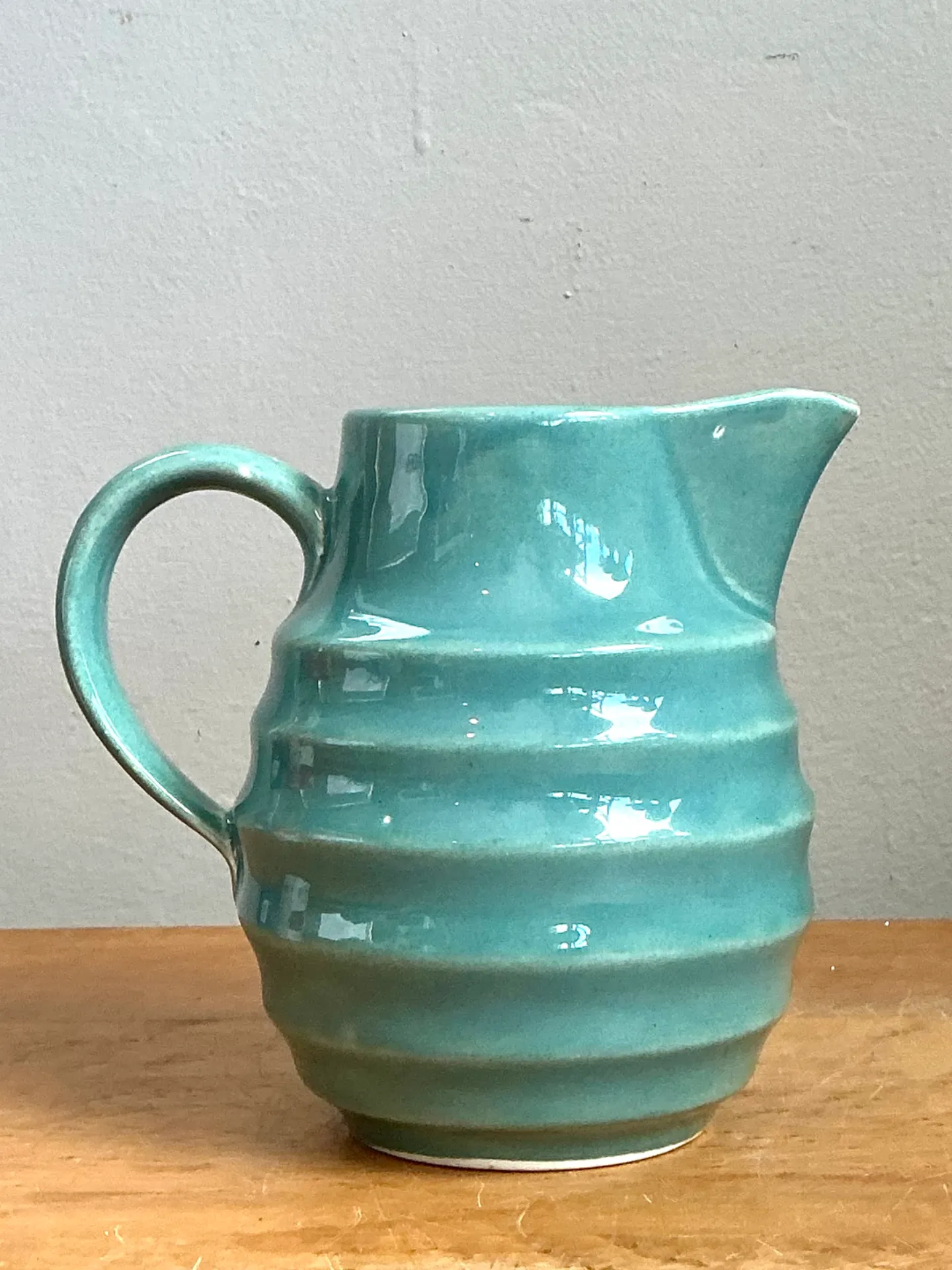 Vintage Aqua Ribbed Ceramic Pitcher — additional photo 5