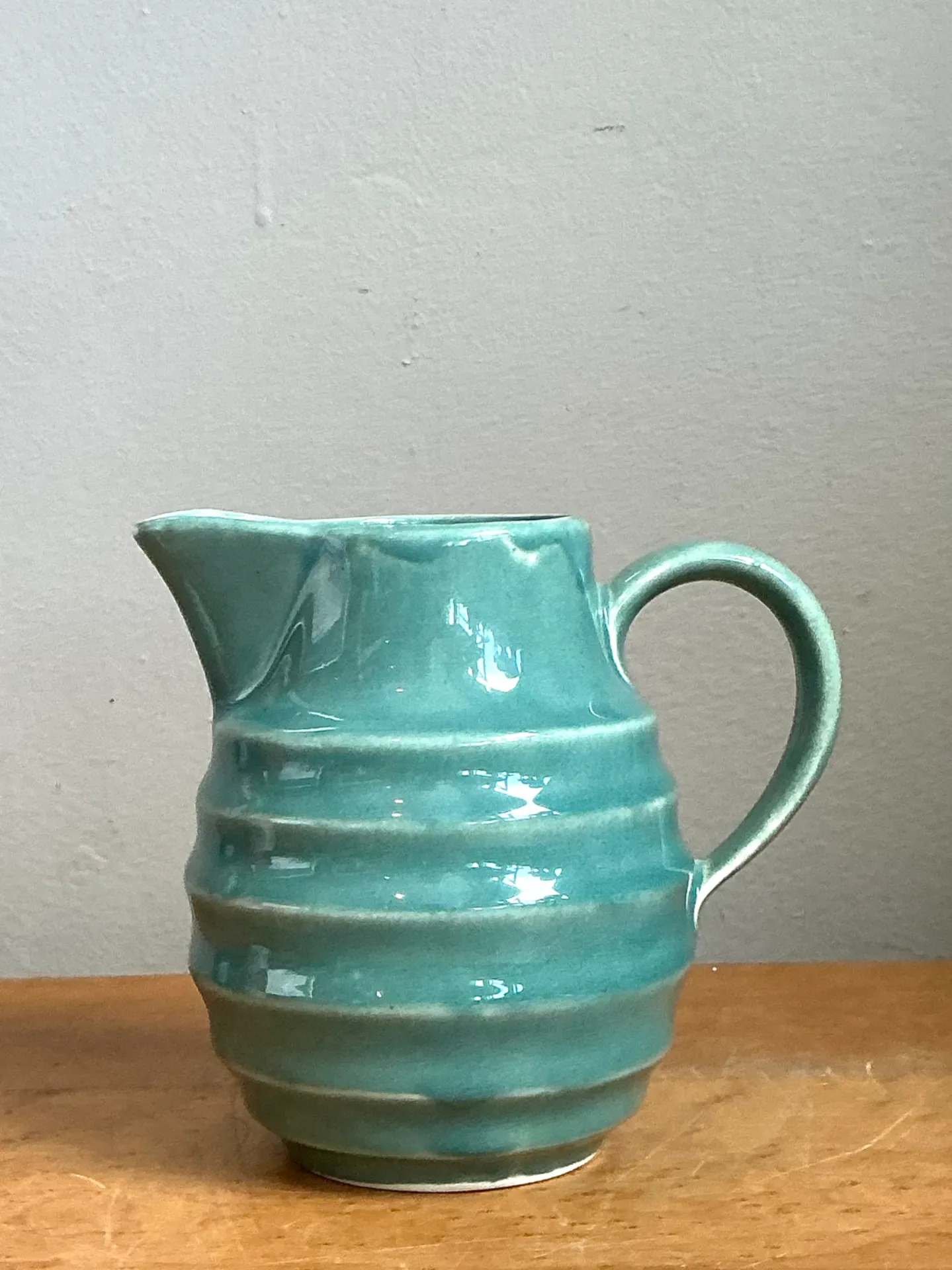 Vintage Aqua Ribbed Ceramic Pitcher — additional photo 6