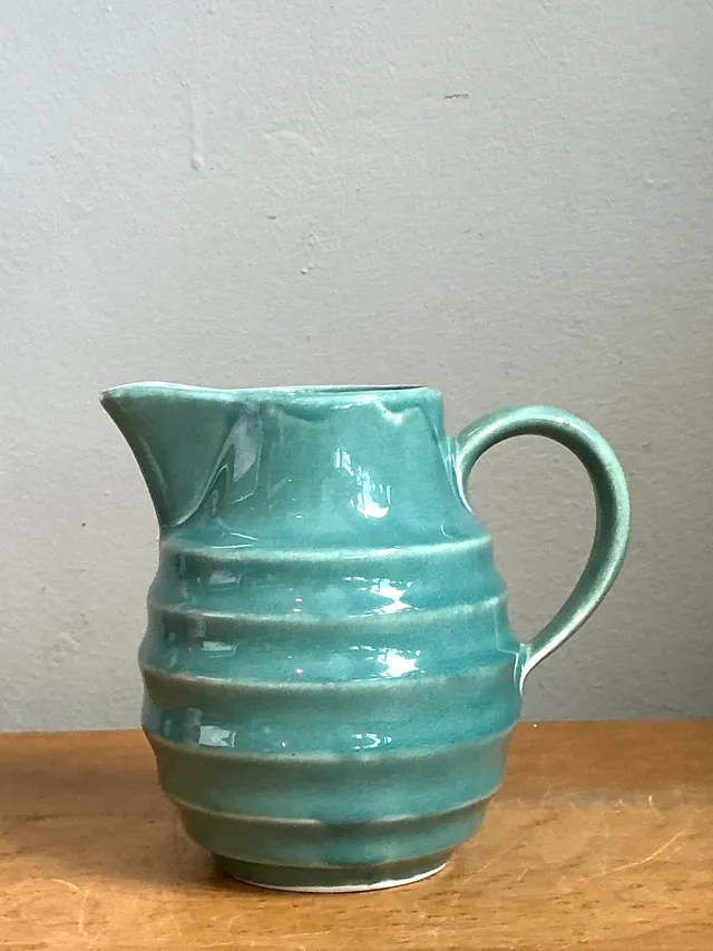 Vintage Aqua Ribbed Ceramic Pitcher — additional photo 6