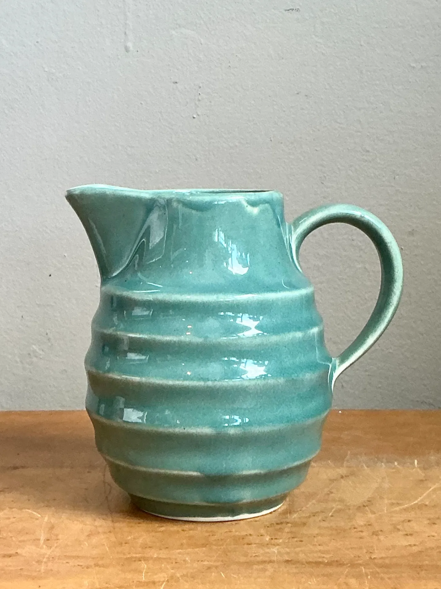 Vintage Aqua Ribbed Ceramic Pitcher — additional photo 7