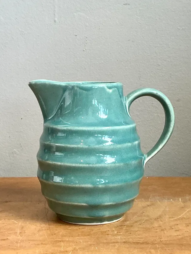 Vintage Aqua Ribbed Ceramic Pitcher — additional photo 7