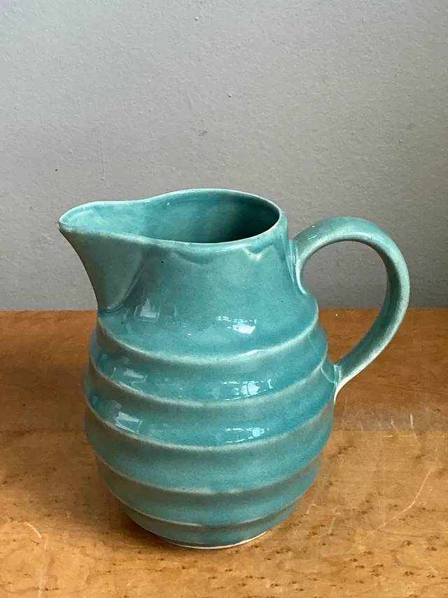 Vintage Aqua Ribbed Ceramic Pitcher — additional photo 1