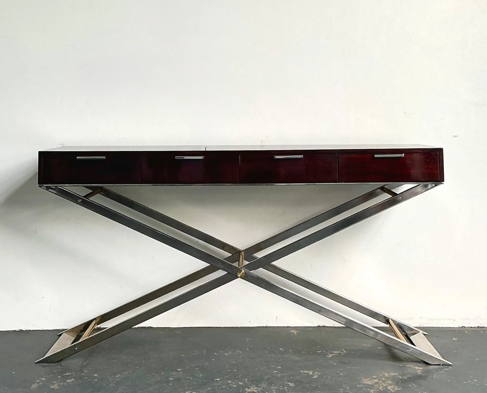 Vintage Chrome and Wood Console Table with Brass Accents — additional photo 7