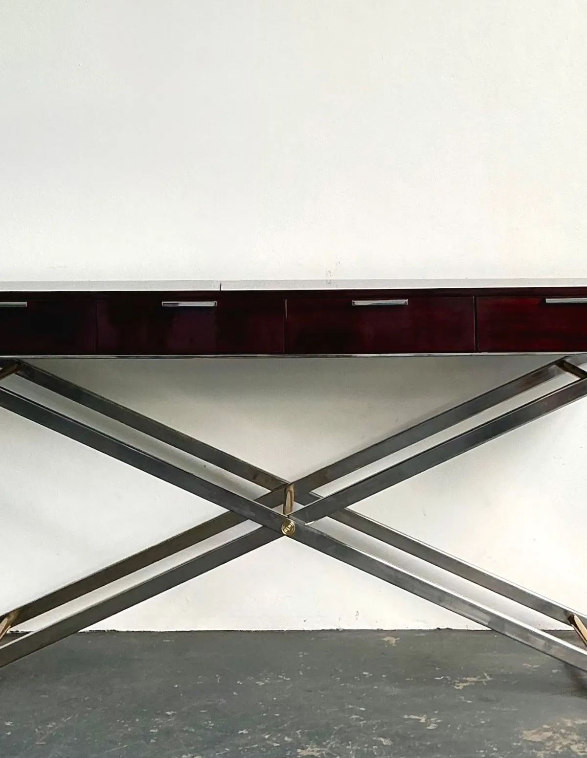Vintage Chrome and Wood Console Table with Brass Accents — additional photo 7