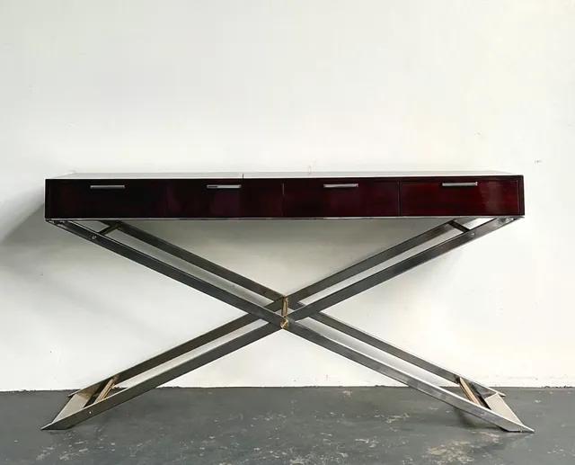 Vintage Chrome and Wood Console Table with Brass Accents — additional photo 7