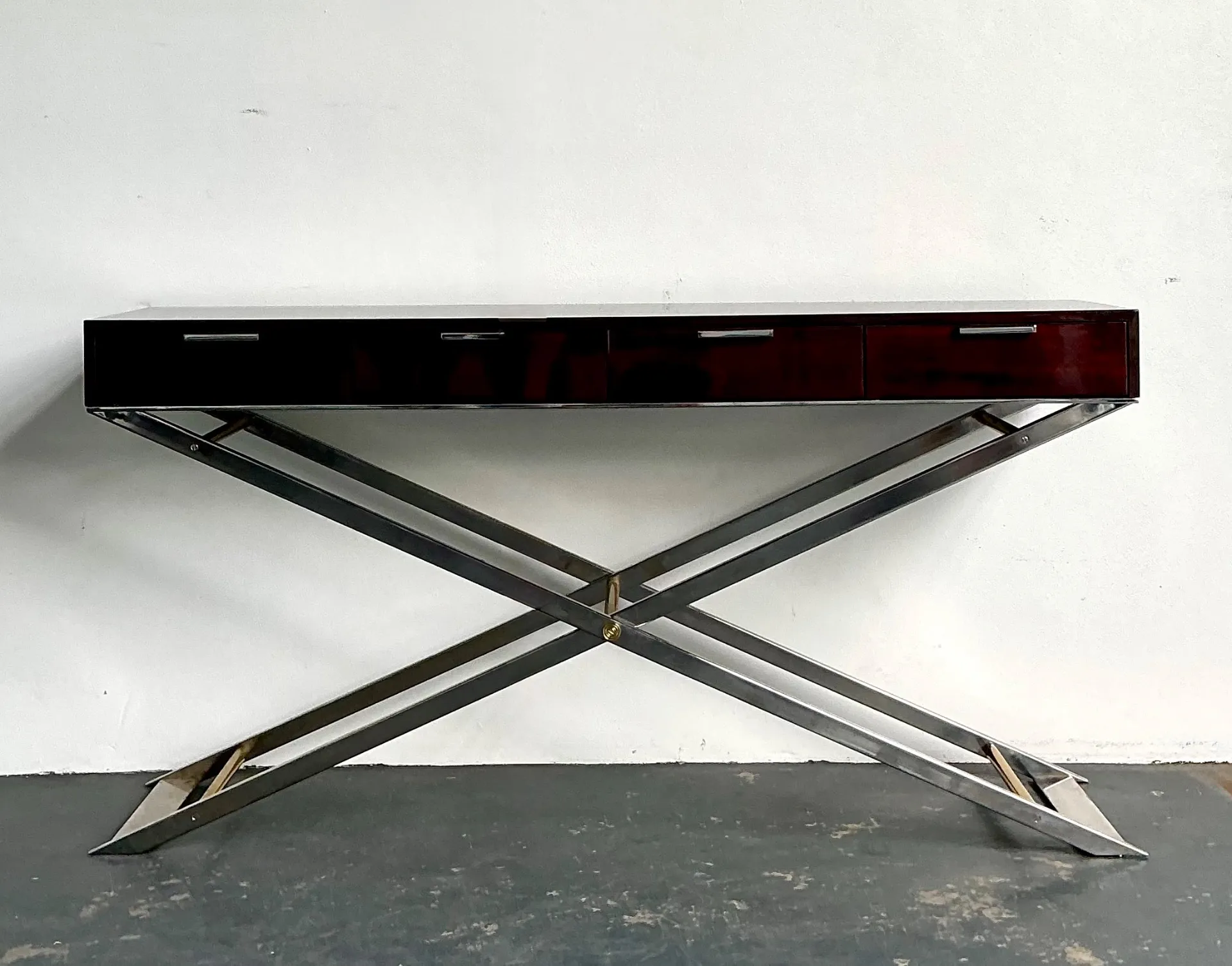 Vintage Chrome and Wood Console Table with Brass Accents — additional photo 6