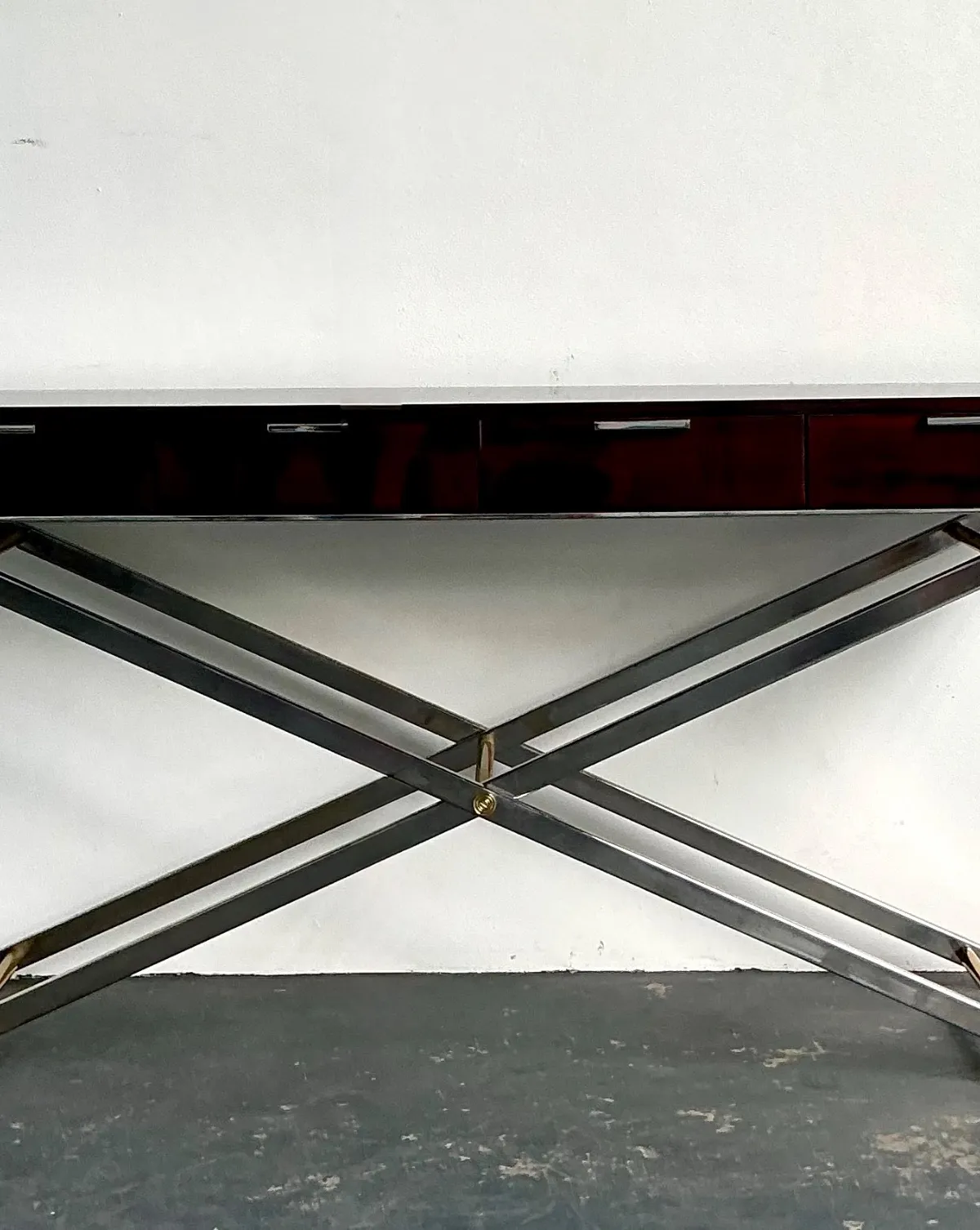 Vintage Chrome and Wood Console Table with Brass Accents — additional photo 6