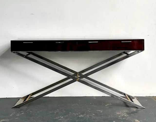 Vintage Chrome and Wood Console Table with Brass Accents — additional photo 6