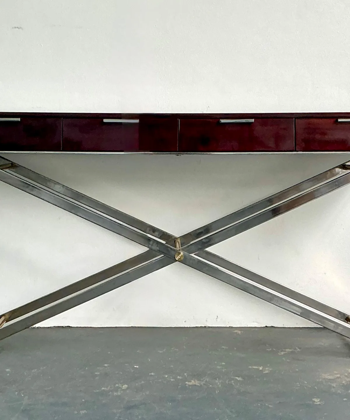 Vintage Chrome and Wood Console Table with Brass Accents — additional photo 4
