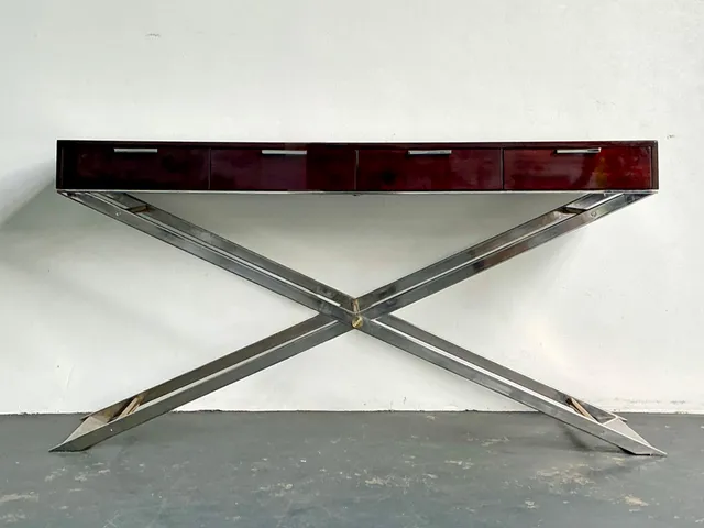 Vintage Chrome and Wood Console Table with Brass Accents — additional photo 4