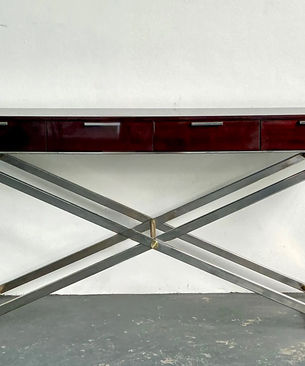 Vintage Chrome and Wood Console Table with Brass Accents — additional photo 2