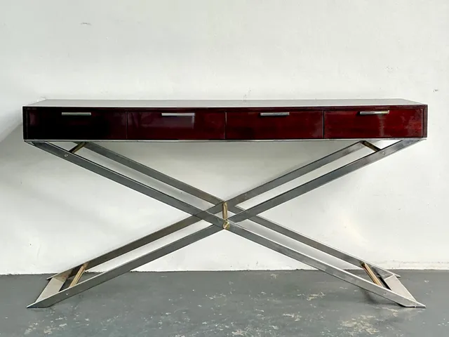 Vintage Chrome and Wood Console Table with Brass Accents — additional photo 2