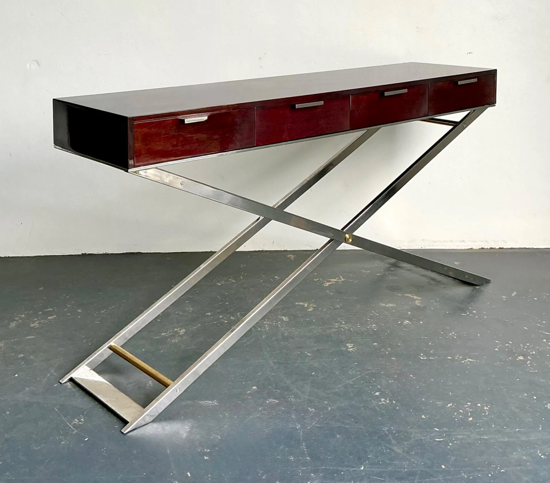 Vintage Chrome and Wood Console Table with Brass Accents — additional photo 8