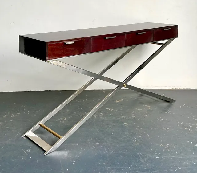Vintage Chrome and Wood Console Table with Brass Accents — additional photo 8