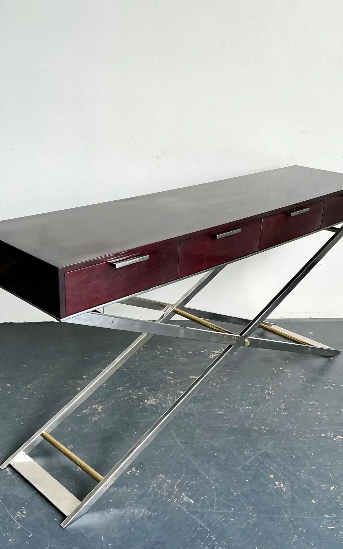 Vintage Chrome and Wood Console Table with Brass Accents — additional photo 5