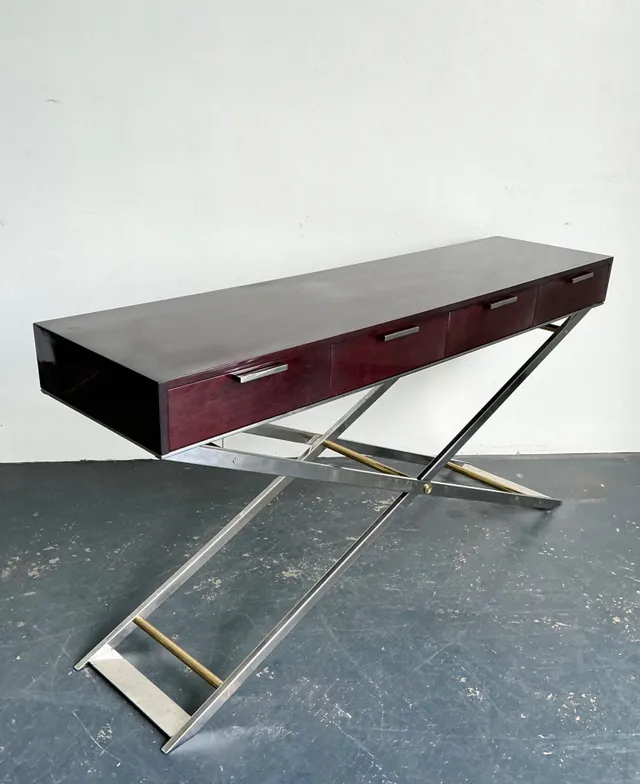 Vintage Chrome and Wood Console Table with Brass Accents — additional photo 5