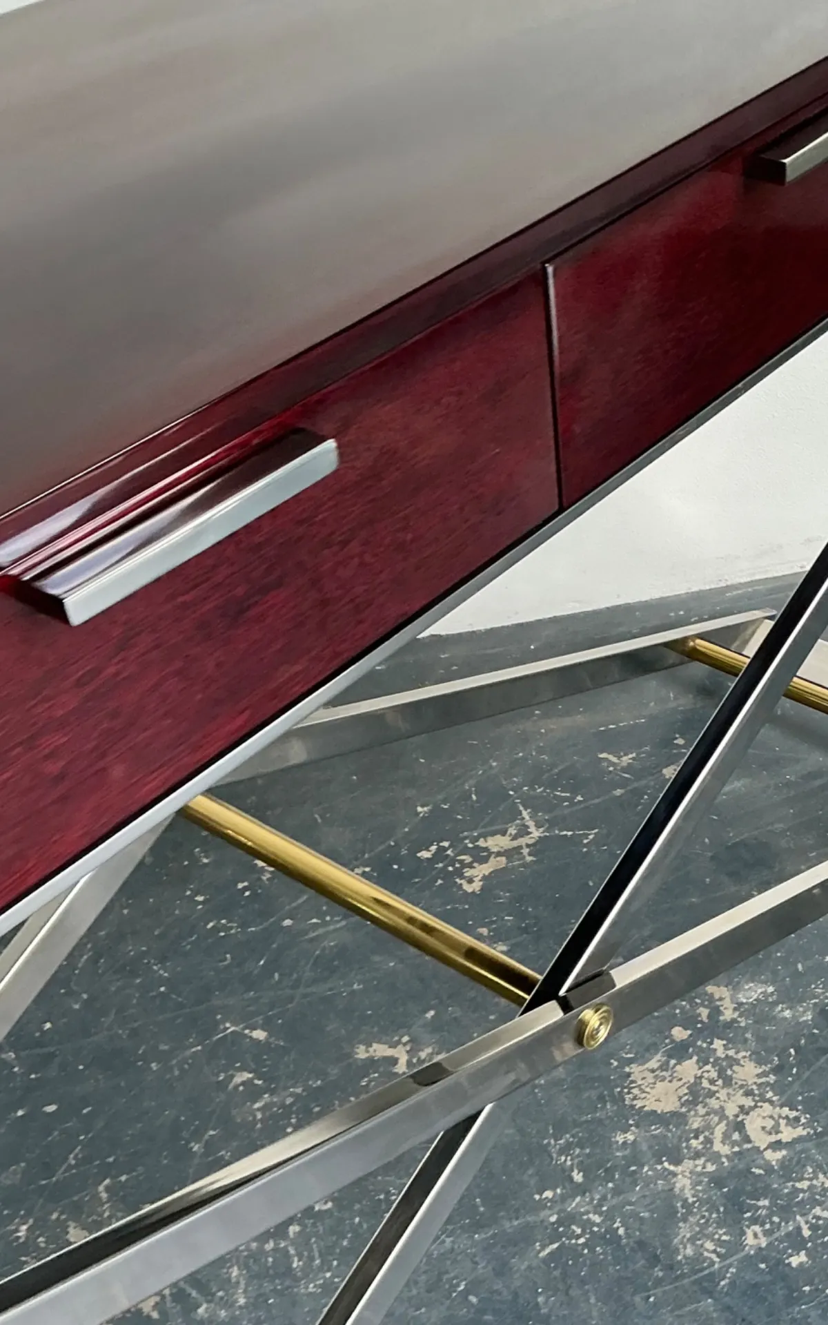 Vintage Chrome and Wood Console Table with Brass Accents