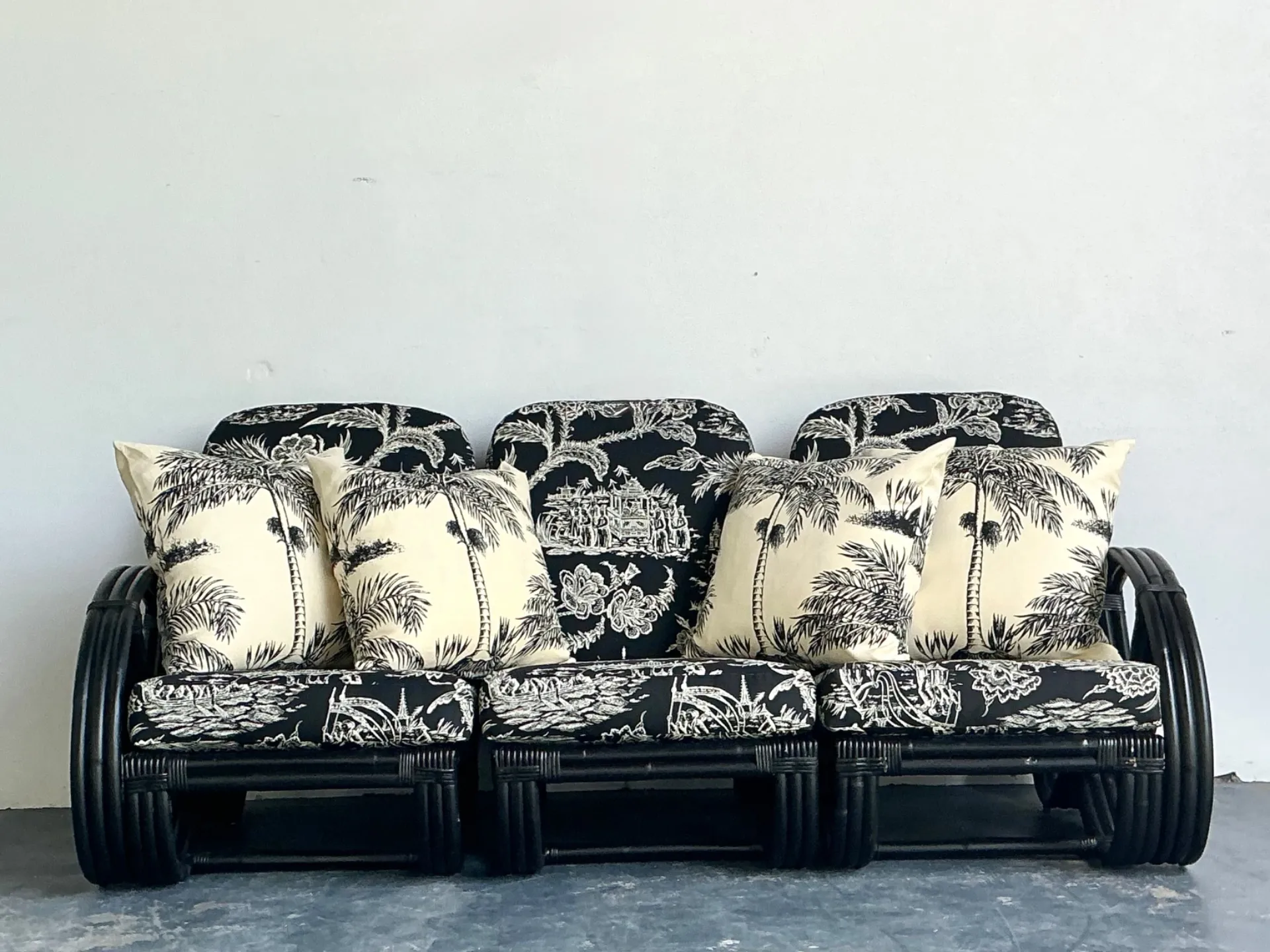 Vintage Black Rattan Sofa In Quadrille “Royal Journey” — additional photo 4