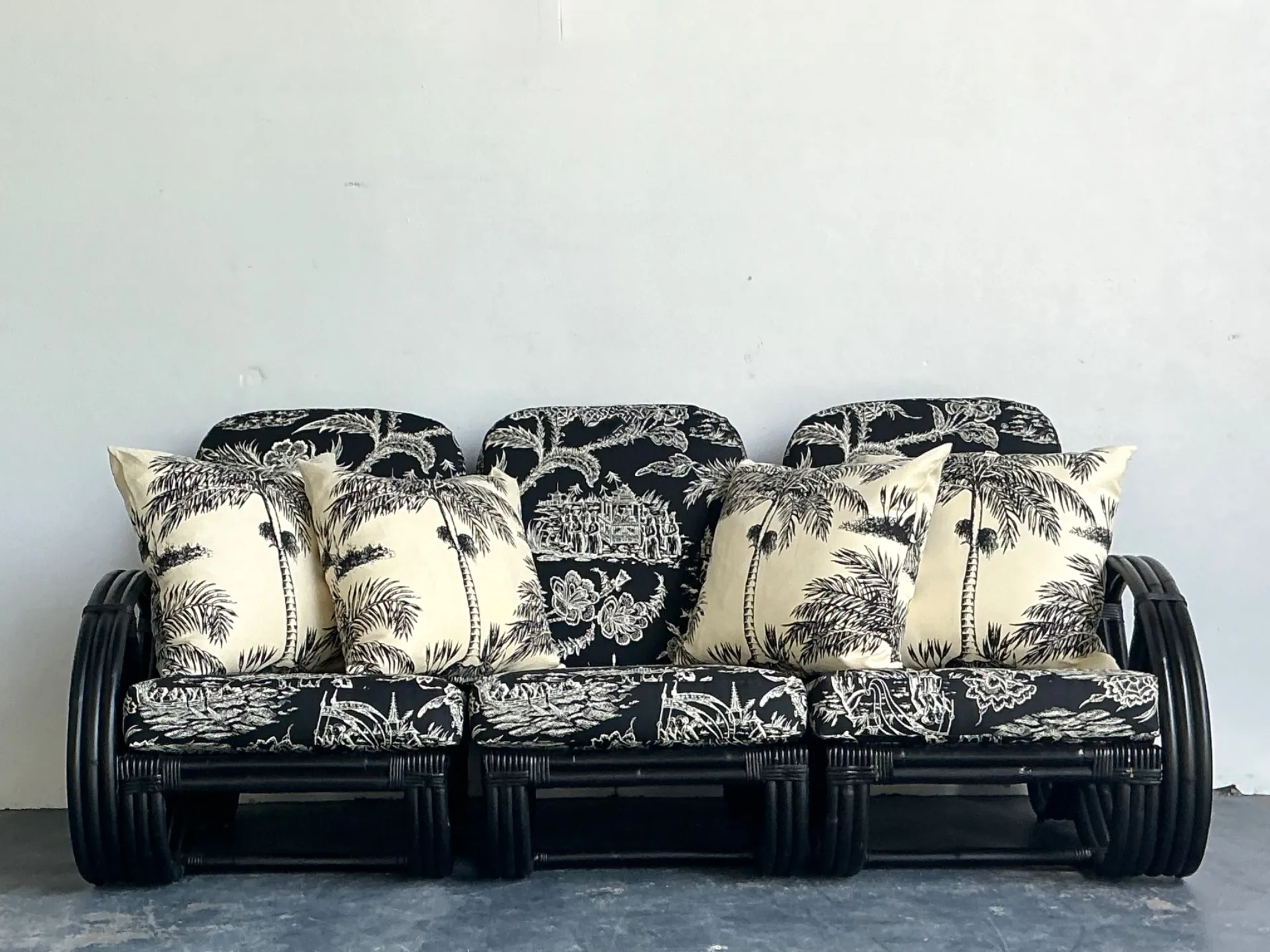Vintage Black Rattan Sofa In Quadrille “Royal Journey” — additional photo 1