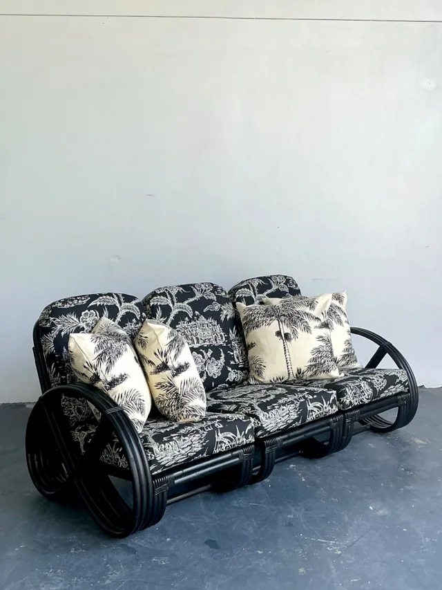 Vintage Black Rattan Sofa In Quadrille “Royal Journey” — additional photo 7