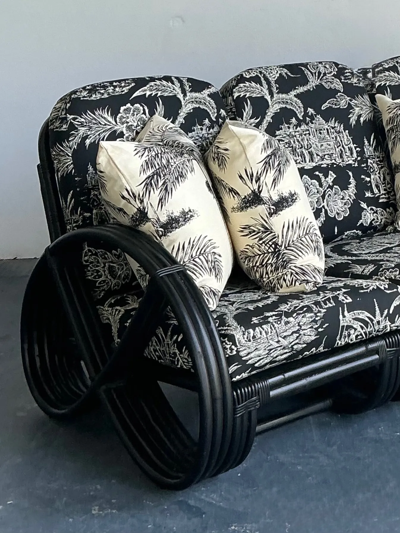 Vintage Black Rattan Sofa In Quadrille “Royal Journey” — additional photo 3