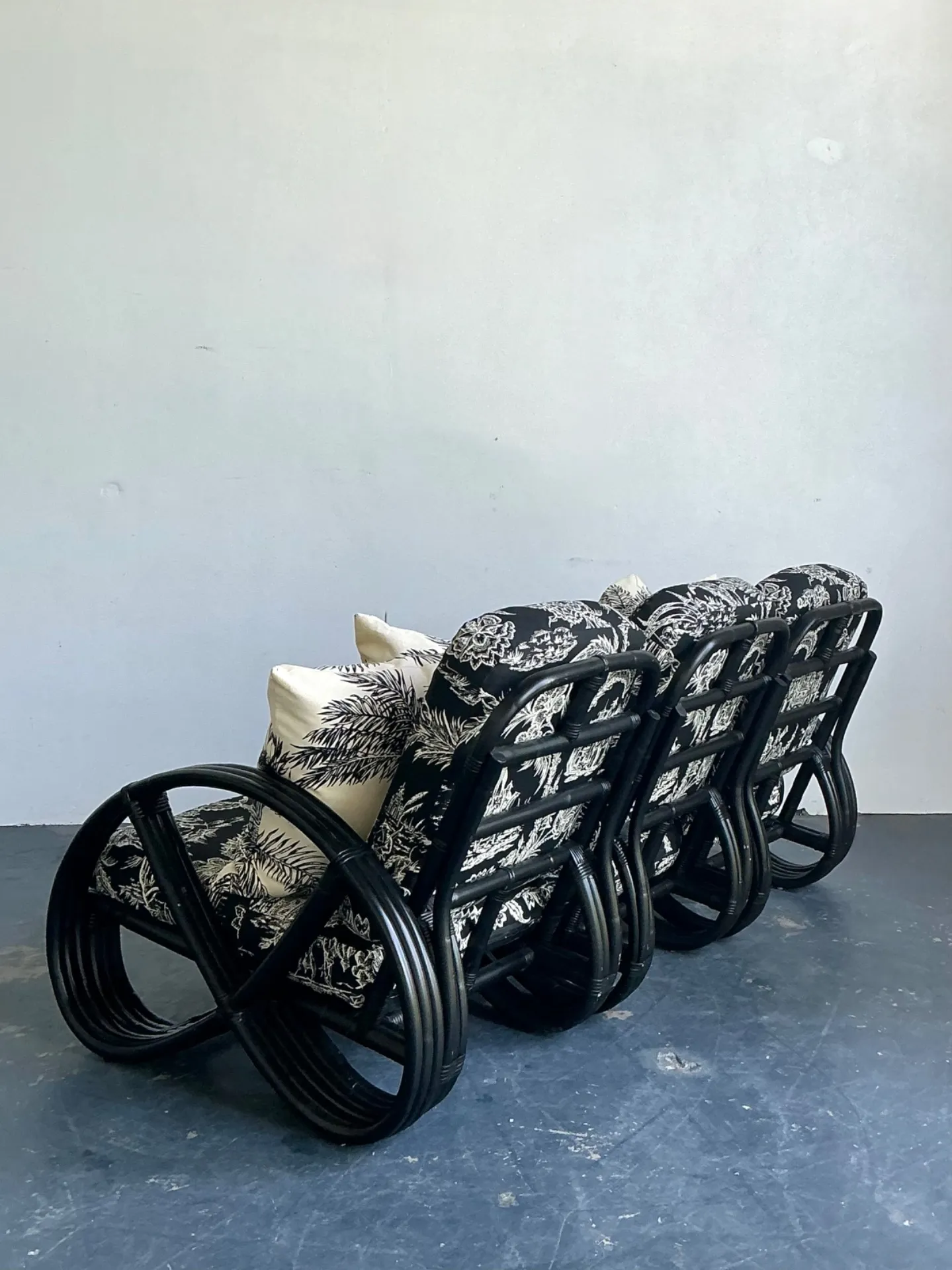 Vintage Black Rattan Sofa In Quadrille “Royal Journey” — additional photo 5