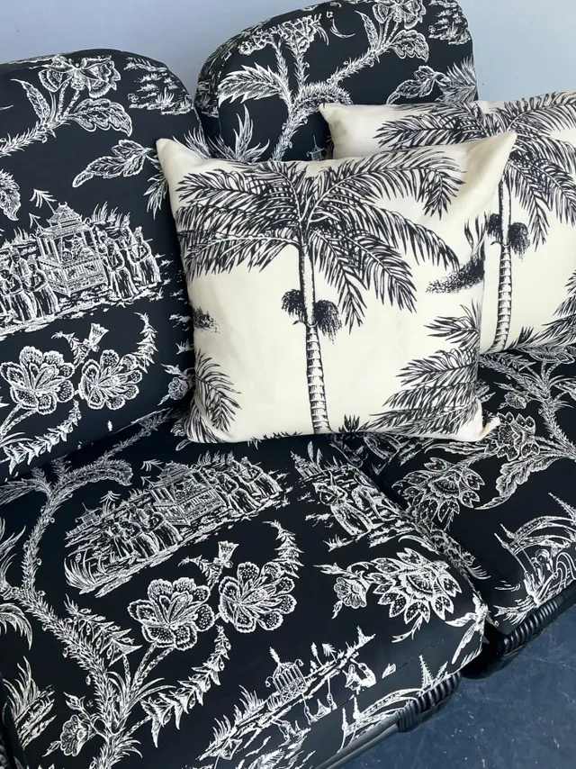 Vintage Black Rattan Sofa In Quadrille “Royal Journey” — additional photo 2
