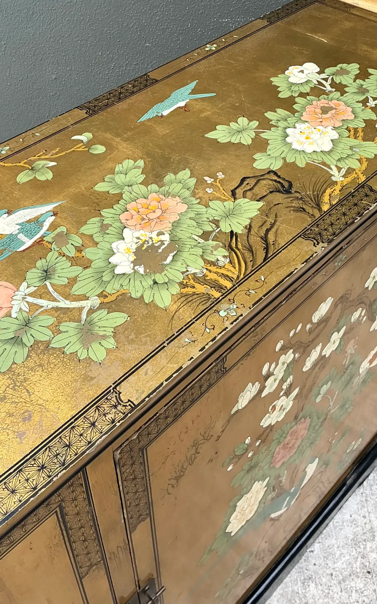 Vintage Chinoiserie Gilt Floral Dry Bar - Angle view