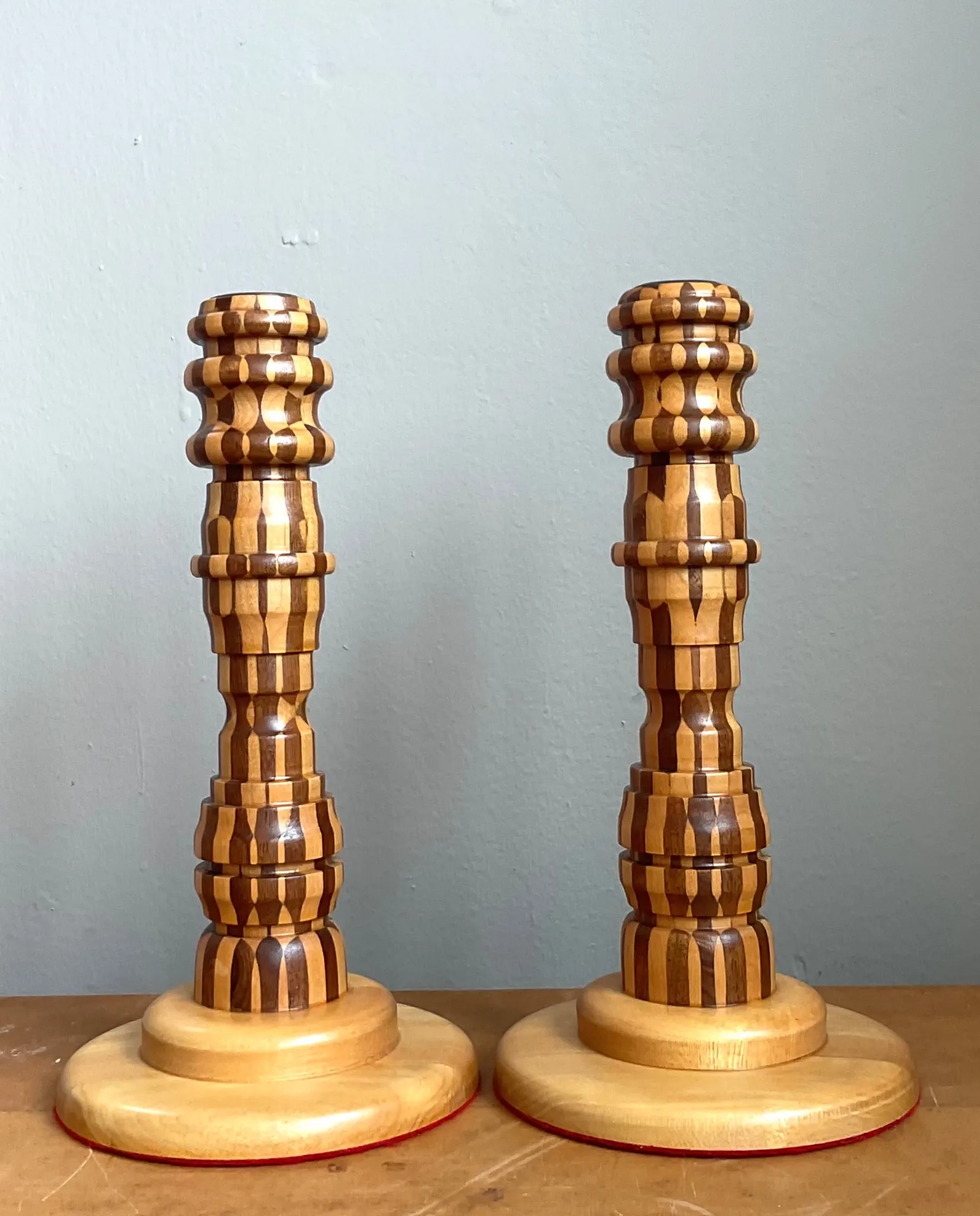 Vintage Inlaid Wood Candlesticks - a Pair — additional photo 4