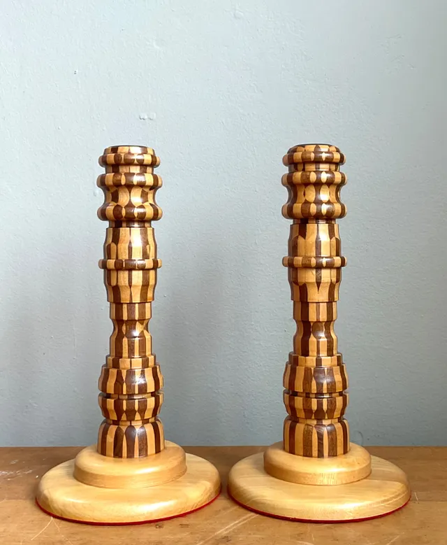 Vintage Inlaid Wood Candlesticks - a Pair — additional photo 5
