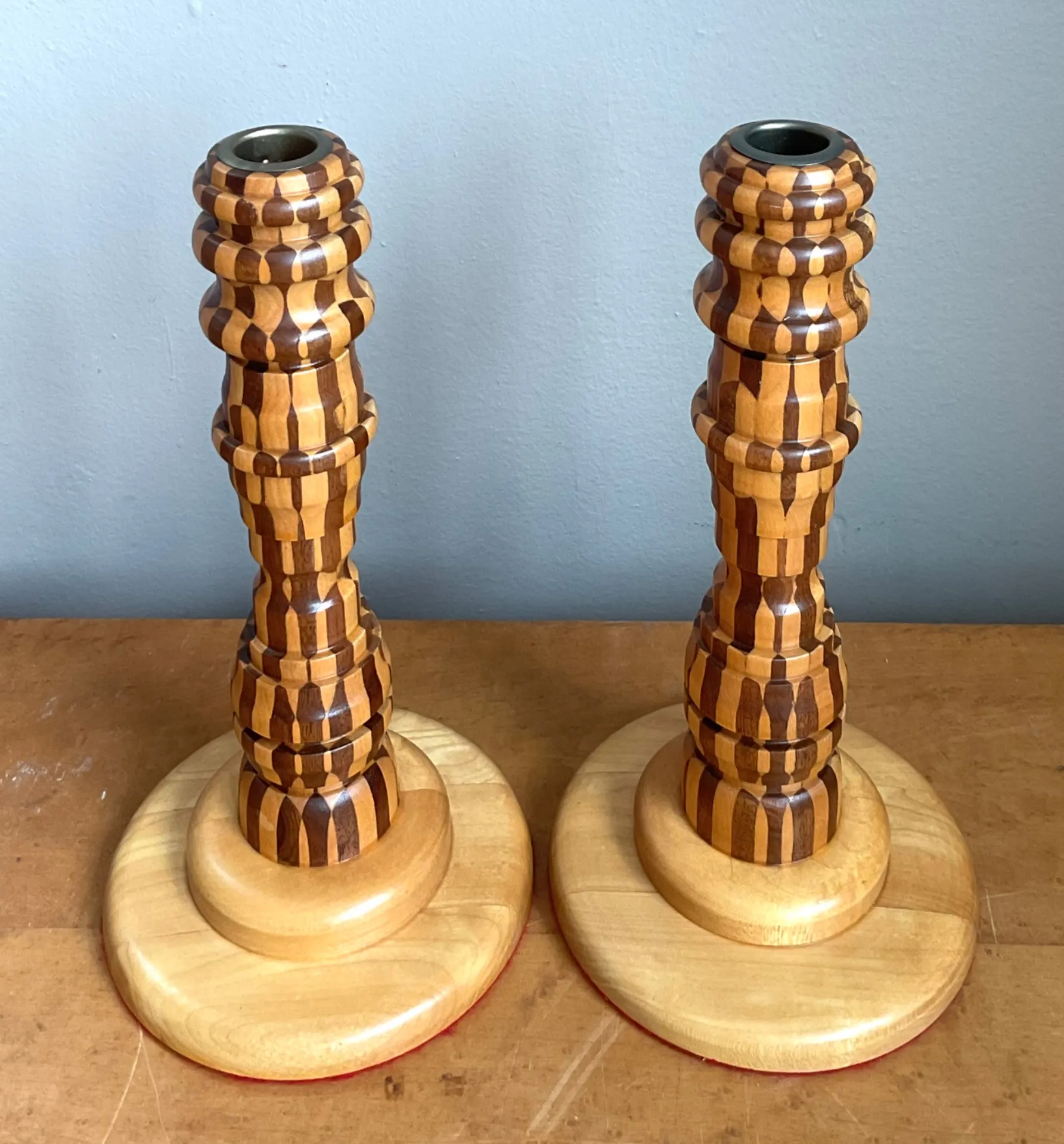 Vintage Inlaid Wood Candlesticks - a Pair — additional photo 2