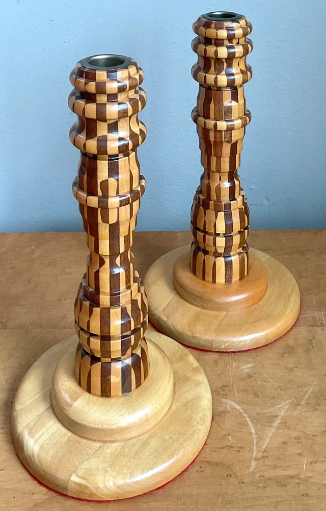 Vintage Inlaid Wood Candlesticks - a Pair — additional photo 3