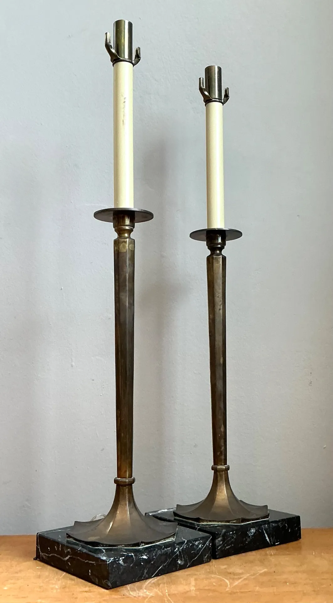 Vintage Chapman Brass and Marble Candlestick Lamps - A Pair