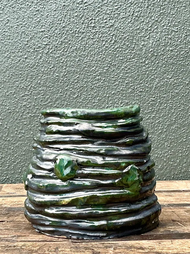 Vintage Abstract Green Glazed Ceramic Vase — additional photo 3