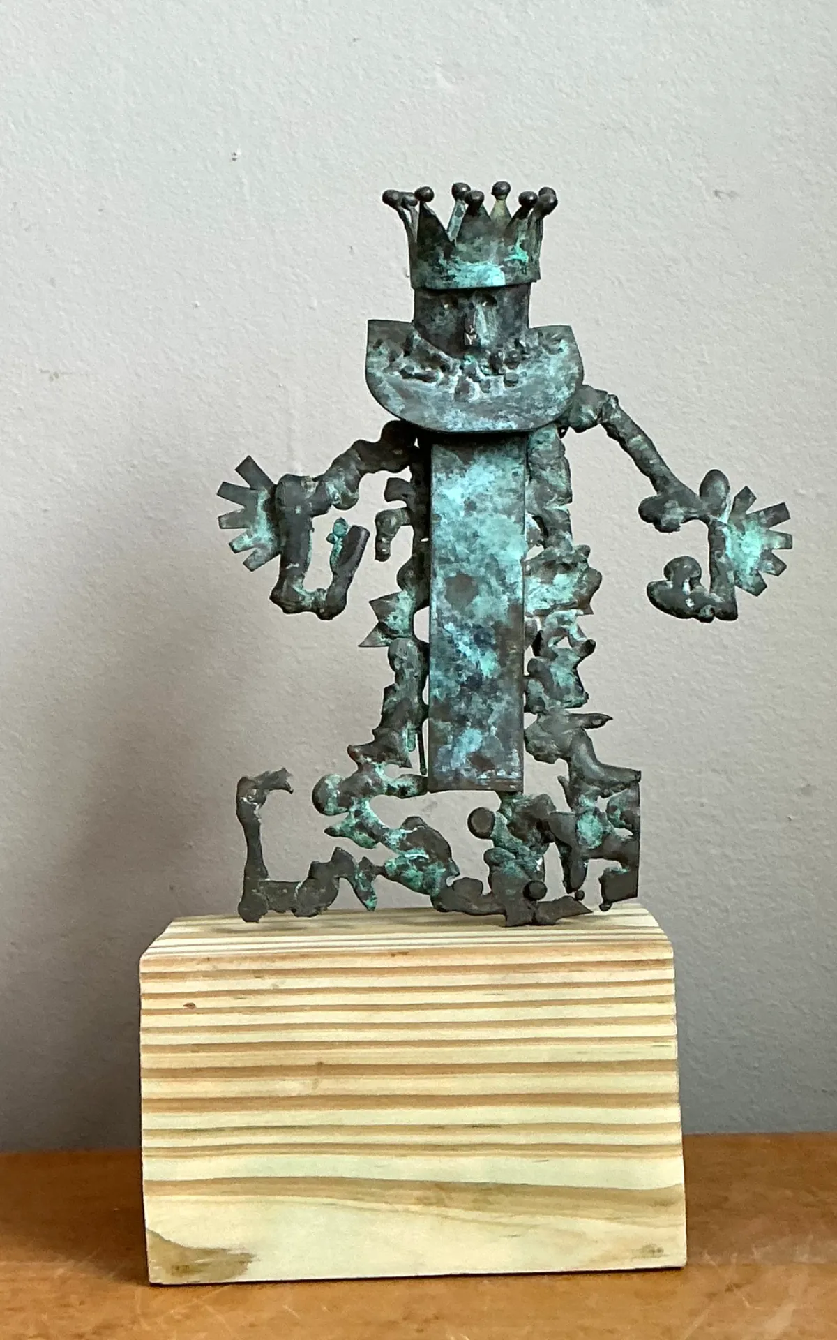 Vintage Patinated Metal Sculpture on Wood Base - Close-up view