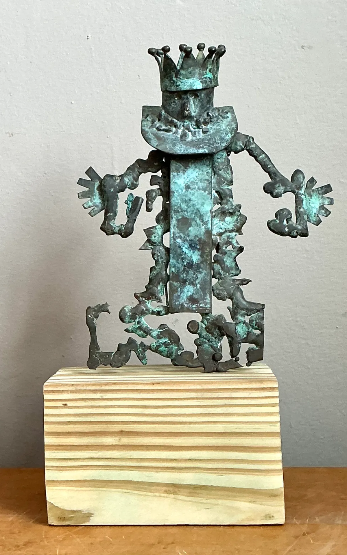 Vintage Patinated Metal Sculpture on Wood Base - Side view