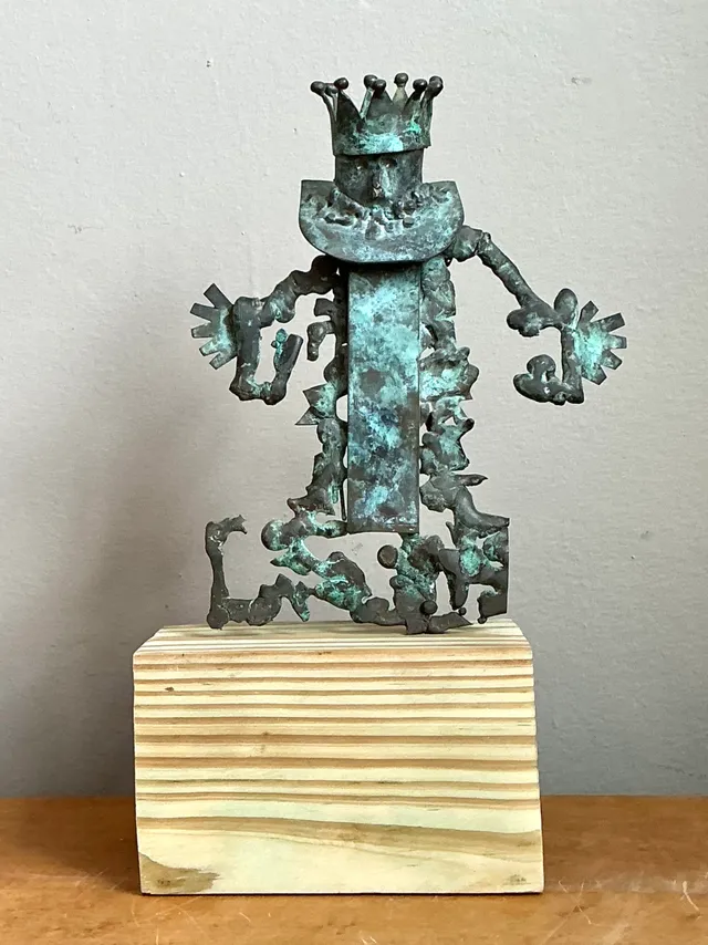 Vintage Patinated Metal Sculpture on Wood Base — additional photo 2