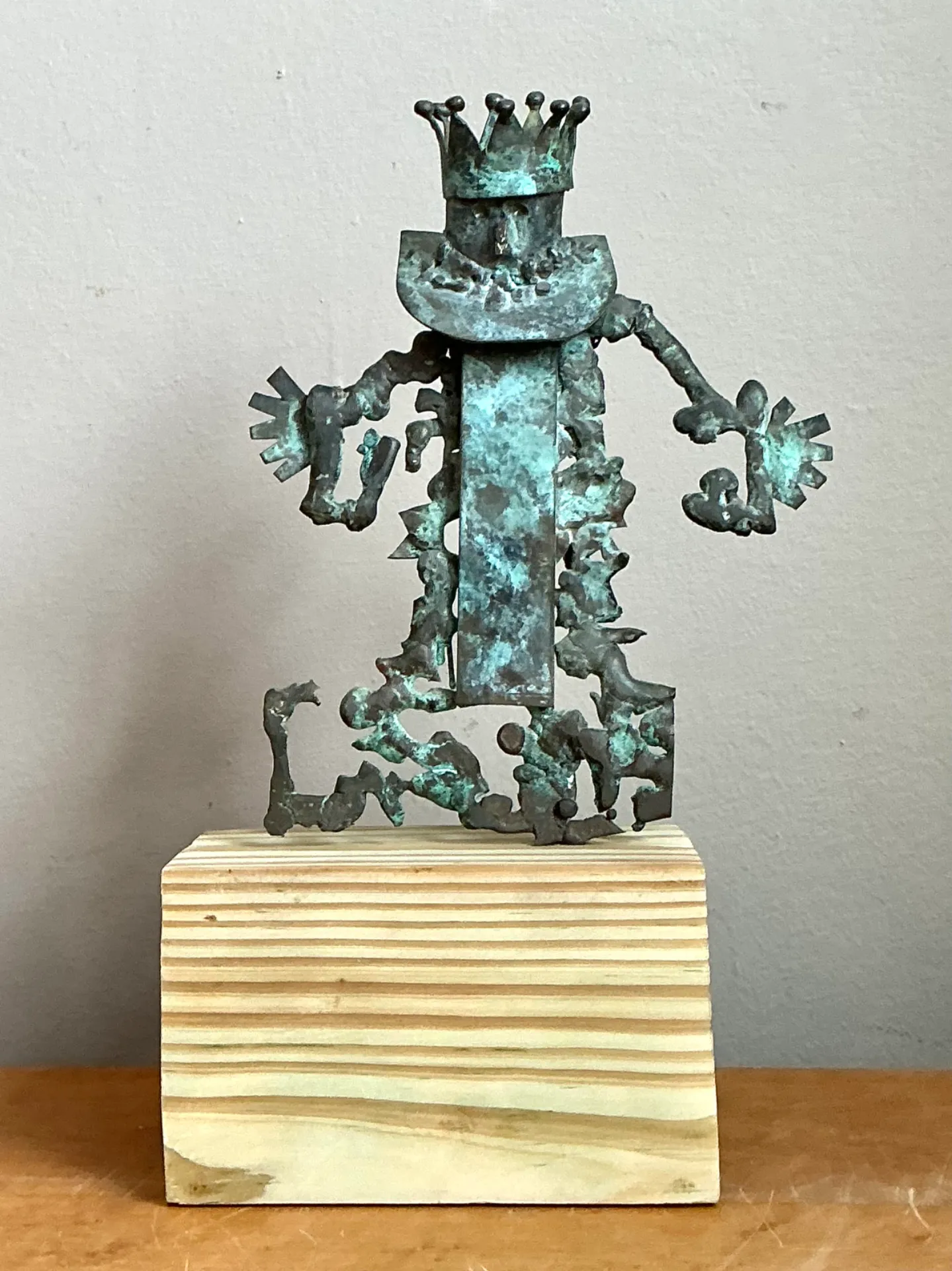 Vintage Patinated Metal Sculpture on Wood Base — additional photo 4